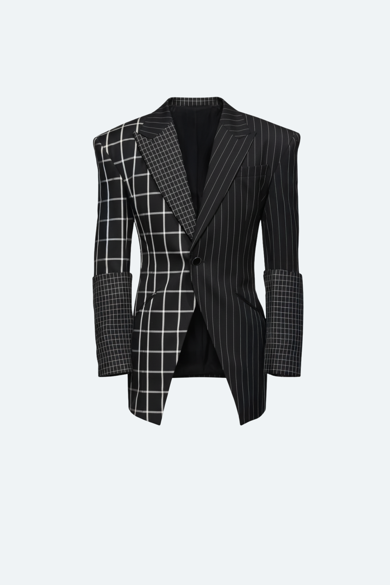 Front view of Structured Pinstripe and Windowpane Blazer featuring asymmetric black and white patterns, sharp tailoring, sculptural shoulders, and a single-button closure in luxury bespoke tailoring.