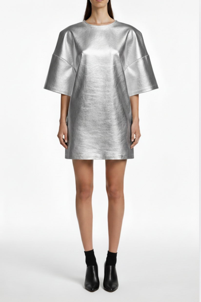 Front view of the Silver Metallic Leather Mini Dress in a sleek, smooth finish with wide elbow-length sleeves and a minimalist, modern silhouette reflecting SHAO New York luxury designer fashion and bespoke New York tailoring.