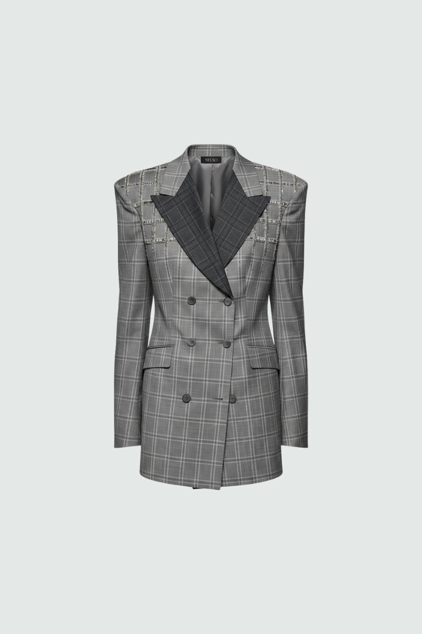 Gray check double-breasted blazer with contrast lapels front view