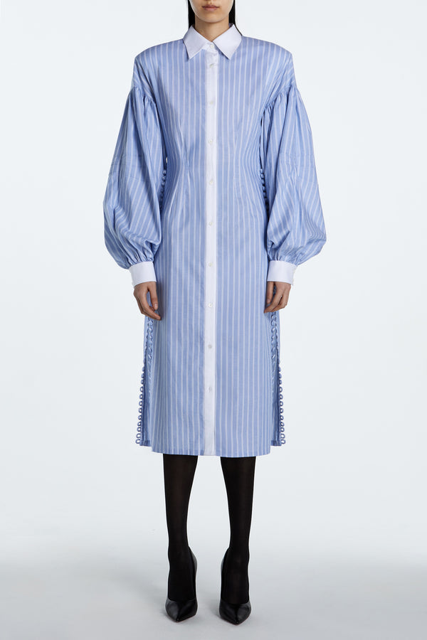 Light Blue White Striped Balloon Sleeve Shirt Dress – Structured Shoulder Construction