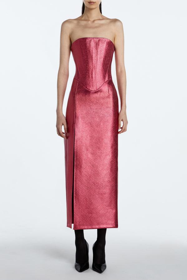 Tourmaline Pink Leather Strapless Column Dress – Structured Corset Construction