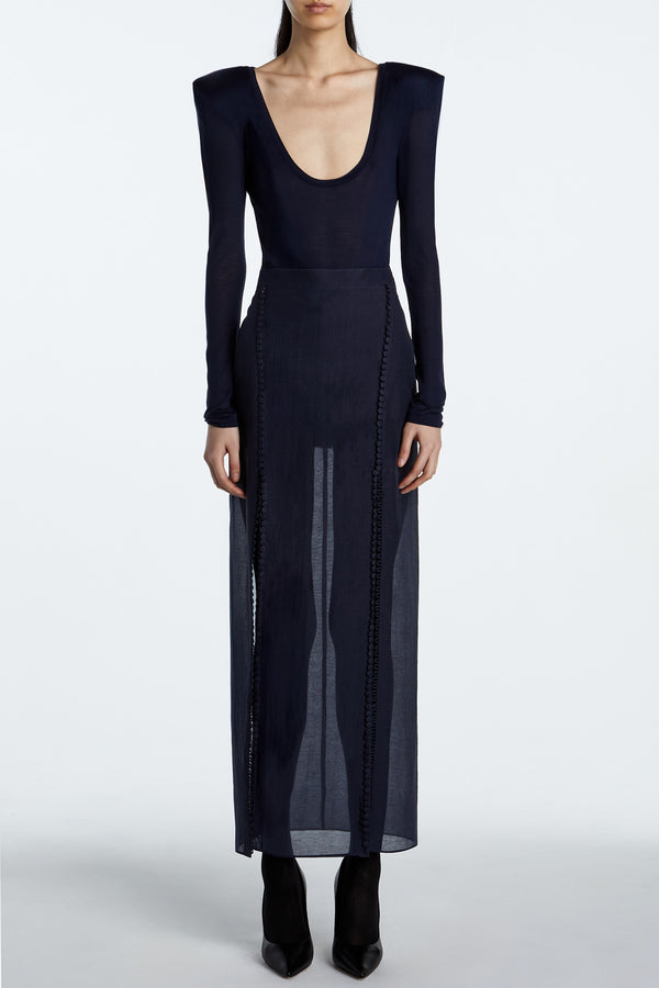 Midnight Sapphire Column Skirt – Structured Tailored Silhouette