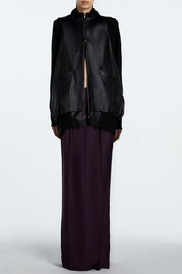 Jet Black Leather Cocoon Bomber Vest – Architectural Drape Silhouette