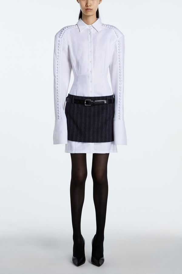 White Cotton Shirt Dress with Attached Charcoal Pinstripe Mini Skirt – Dual-Layer Construction