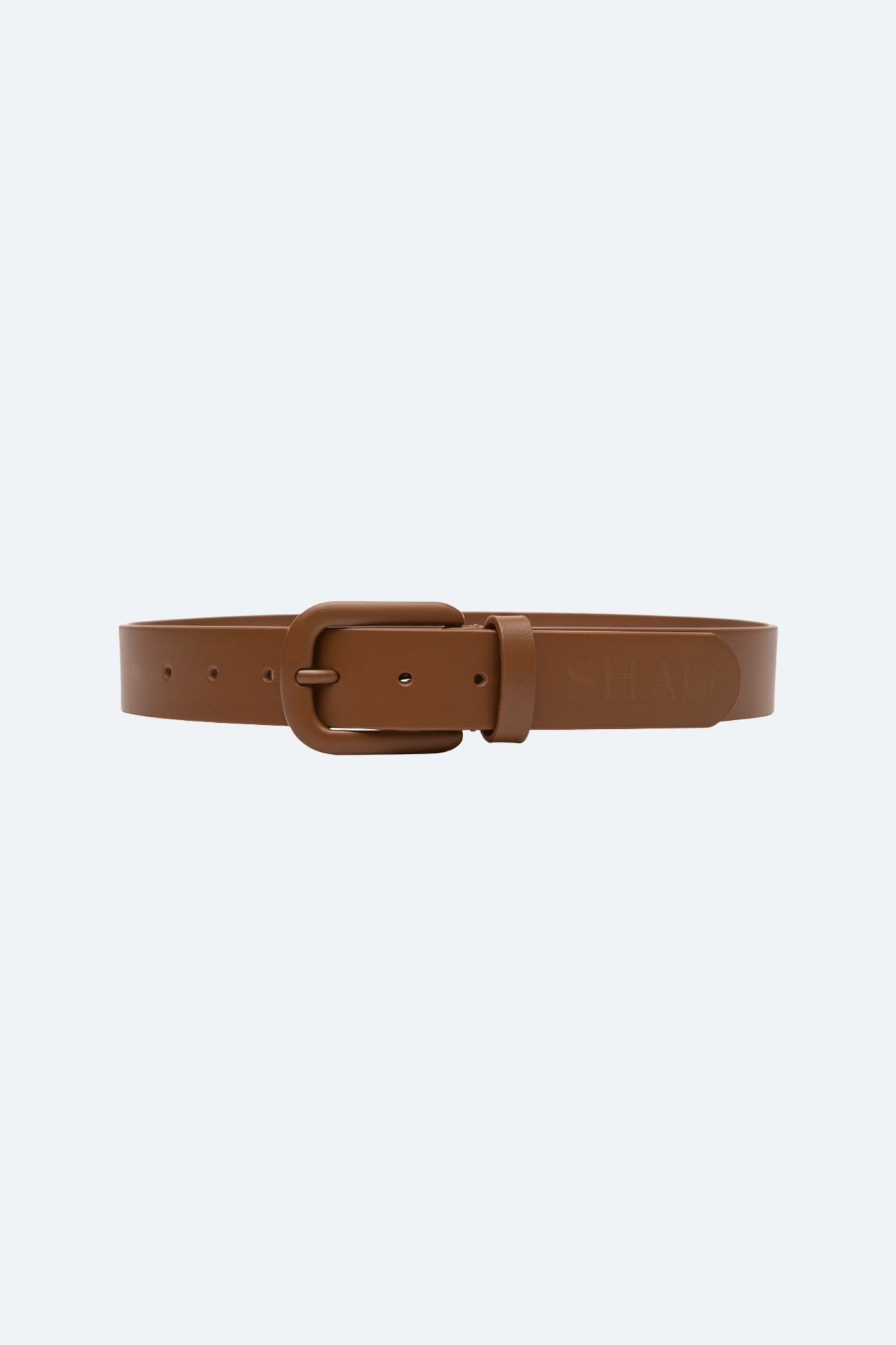 Matte Brown Leather Belt with a smooth finish, rounded buckle, and subtle embossed SHAO branding, exemplifying luxury designer fashion and refined New York tailoring.