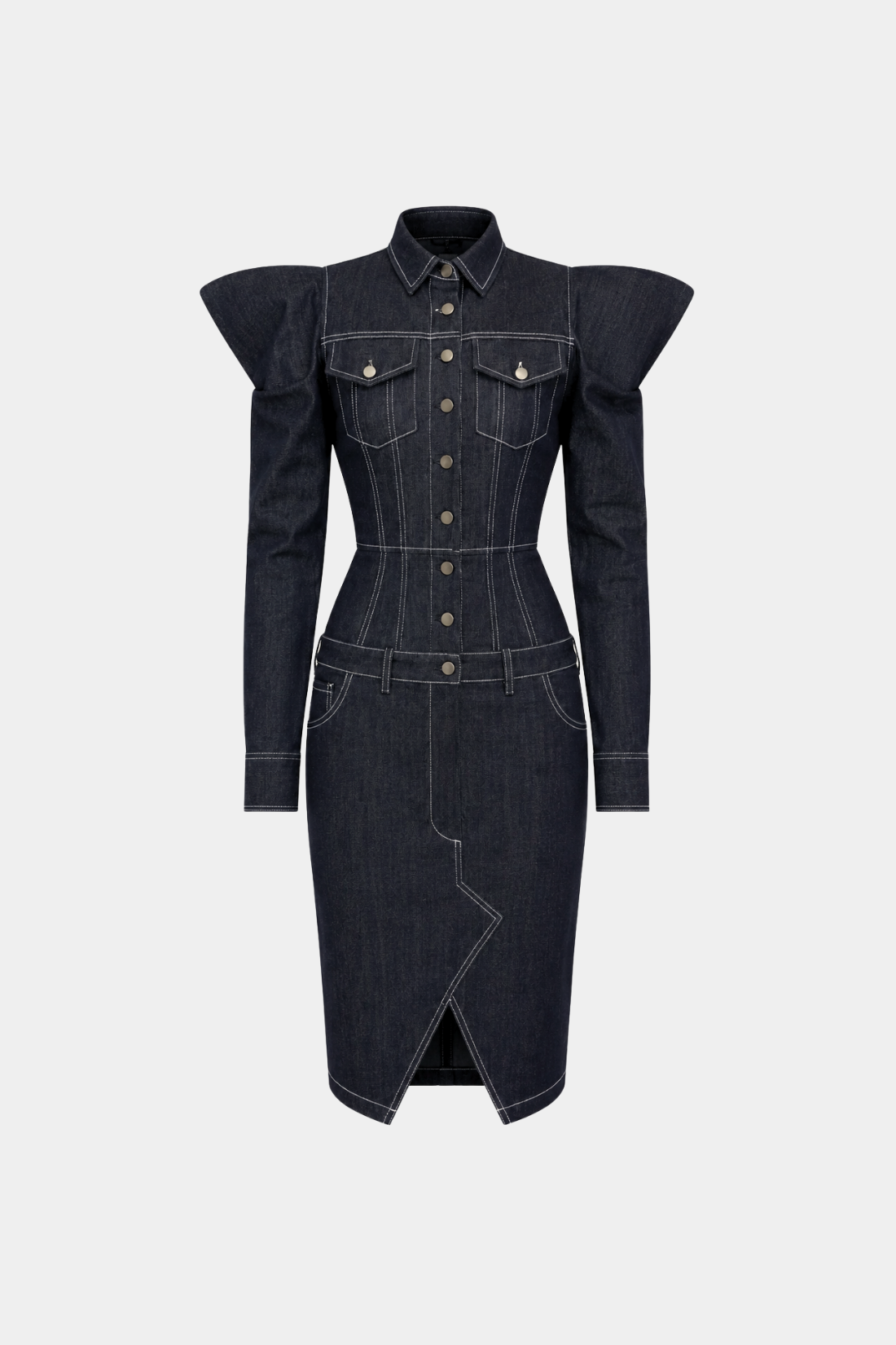 Midnight Blue Sculptural Denim Dress – Architectural Puff Shoulders featuring tailored seams, front flap chest pockets, structured collar, button-down front, and a sculptural silhouette showcasing SHAO New York bespoke tailoring and luxury designer fashion.