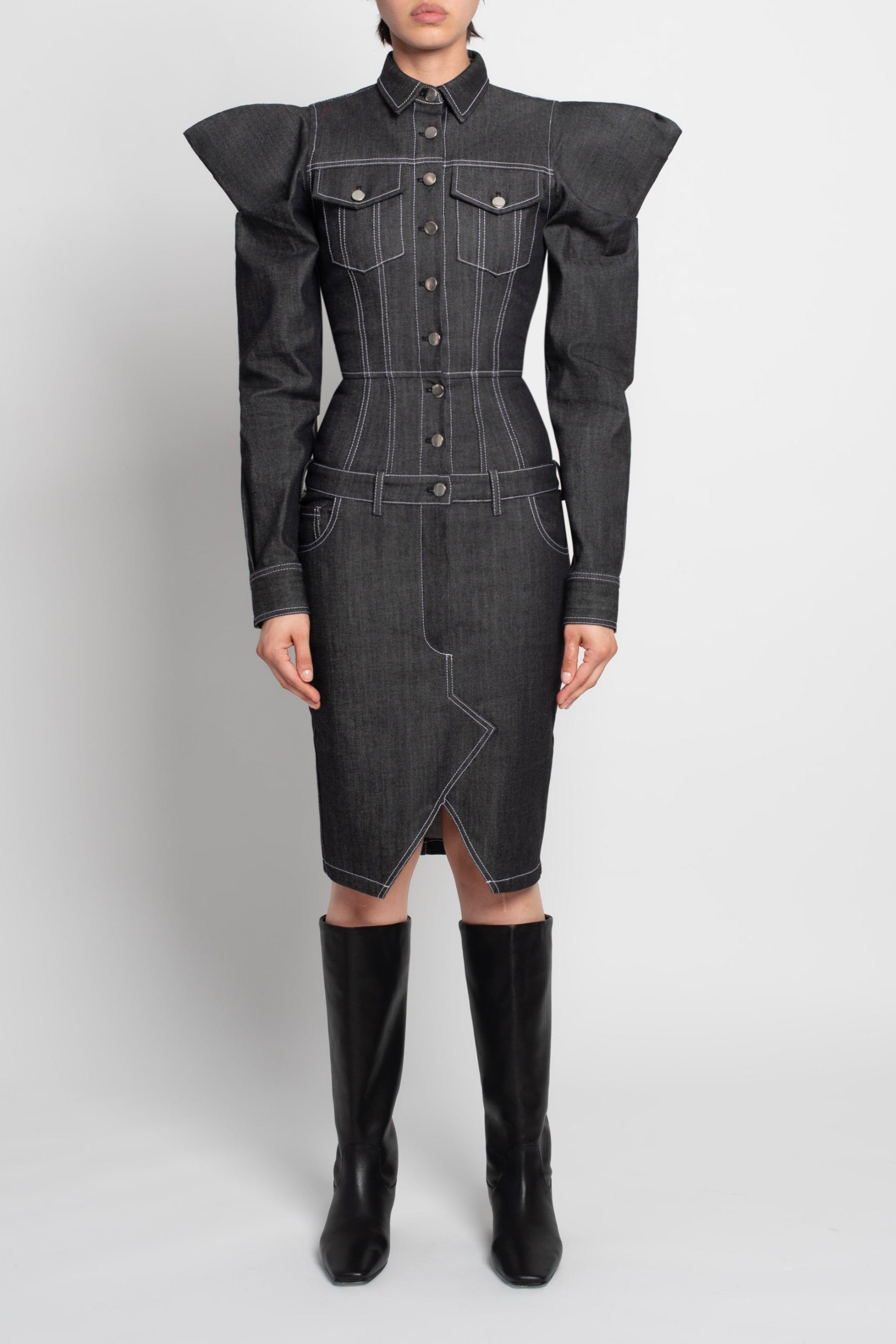 Midnight blue sculptural denim dress with puff shoulders front view