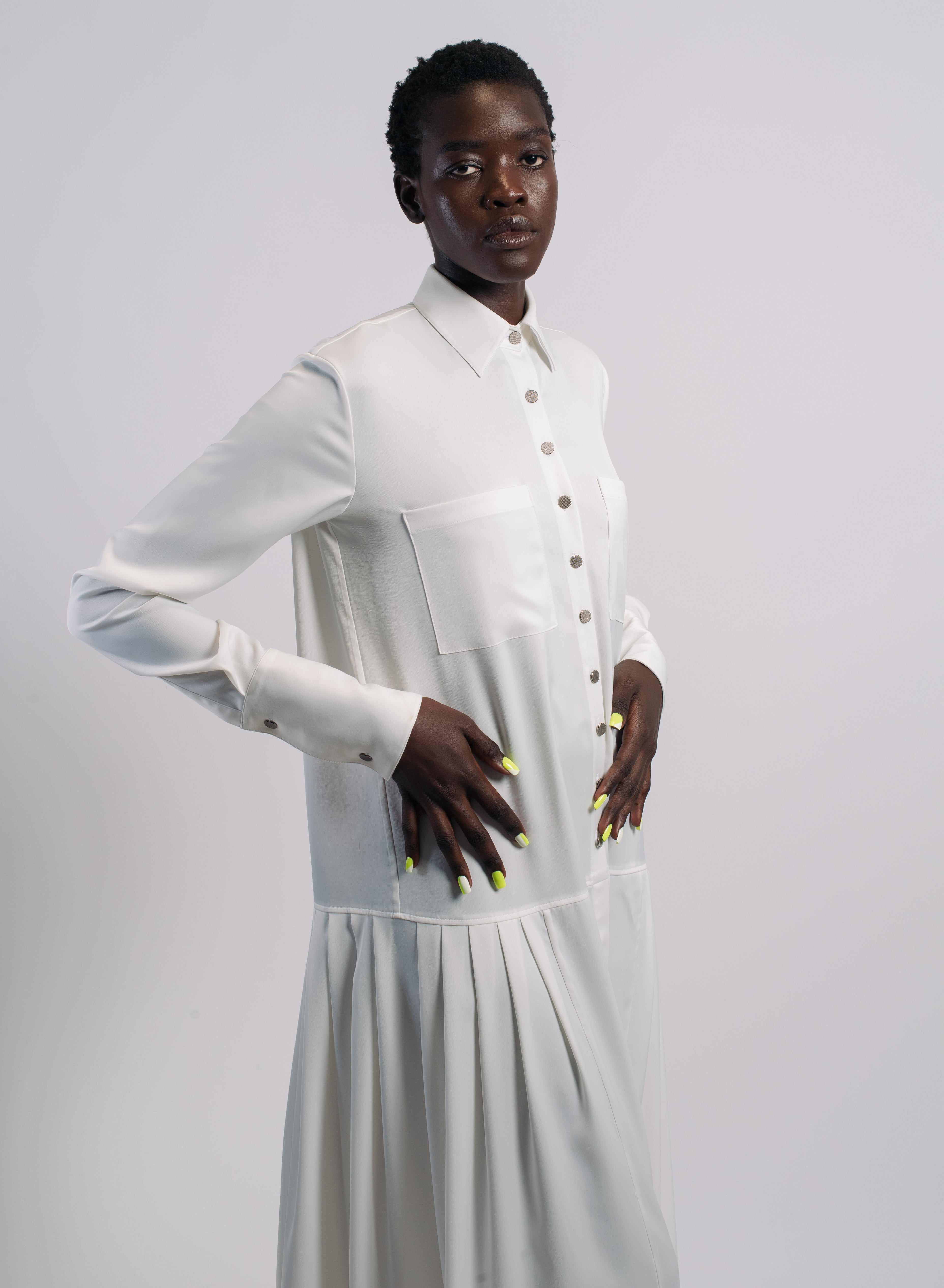 White Pleated Shirt Dress