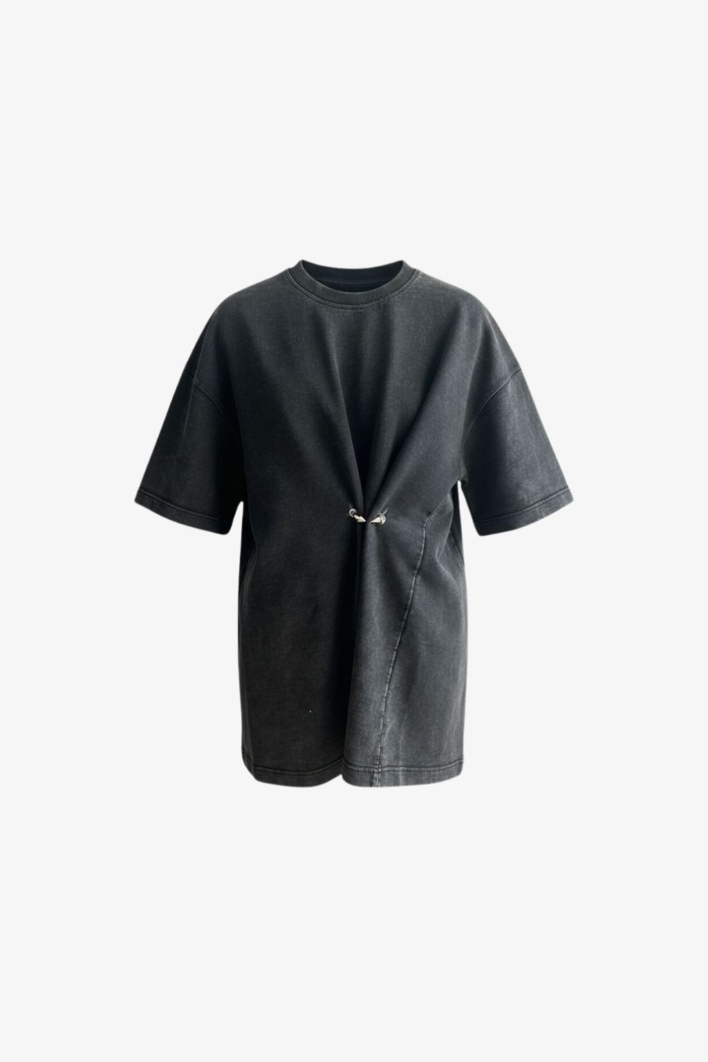 Pierced Vintage T-Shirt - Charcoal Grey with a relaxed fit, featuring short sleeves and a unique central metal piercing detail for an edgy vintage-inspired look.