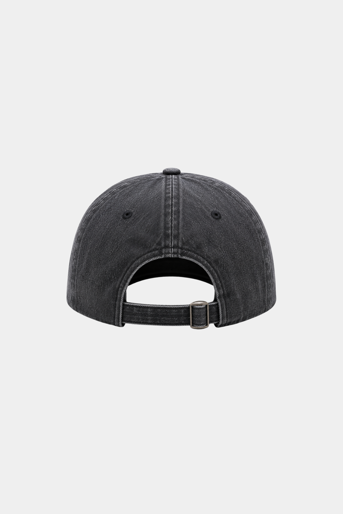 Rear view of the I Love SHAO Washed Denim Cap in a faded black wash, featuring an adjustable strap with a metal buckle for a customized fit and a relaxed, casual style.