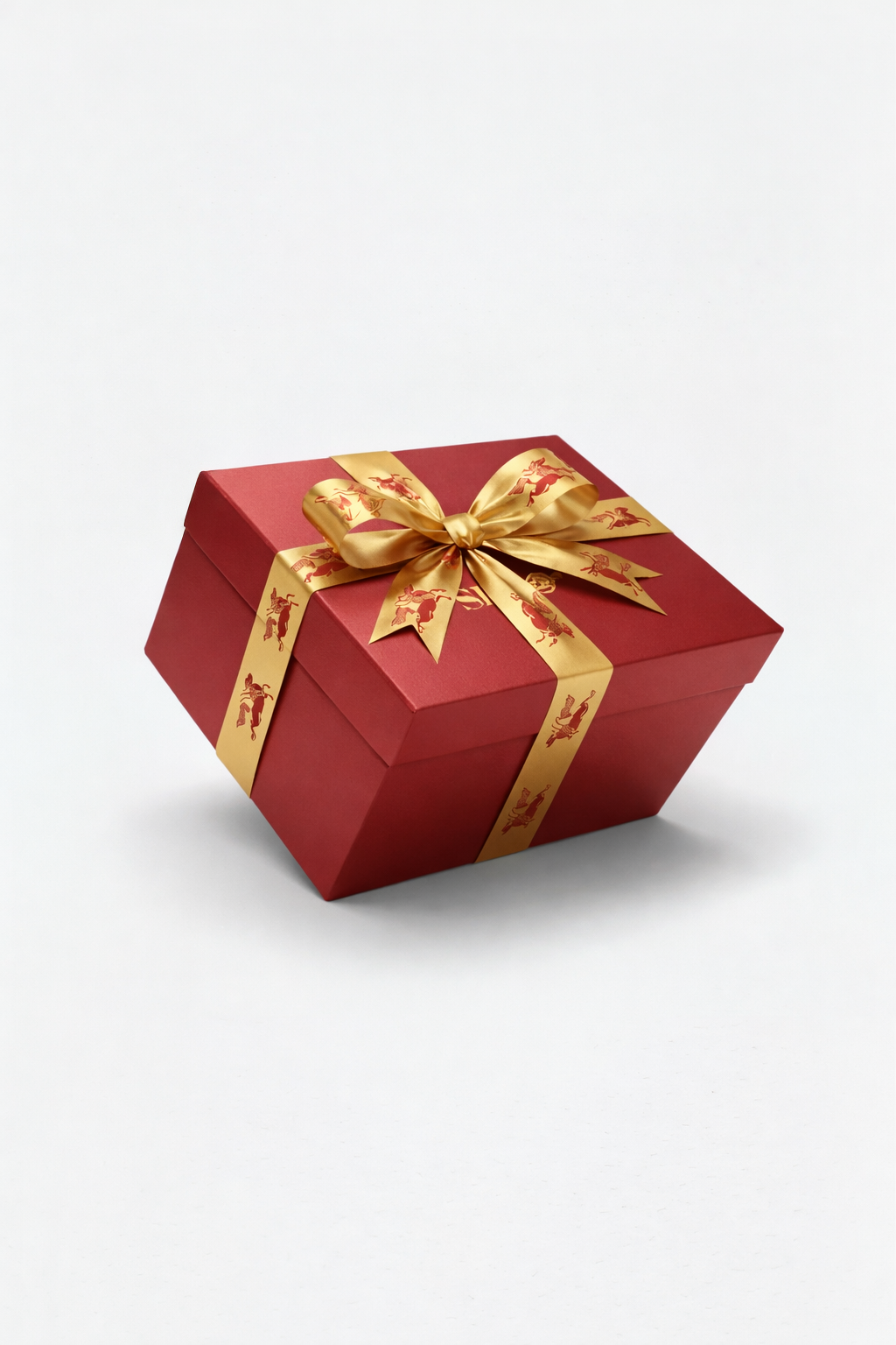 Red gift box wrapped with a gold ribbon featuring horse motifs, tied in an elegant bow, representing the Year of the Horse Mystery Box with a refined, luxurious presentation.