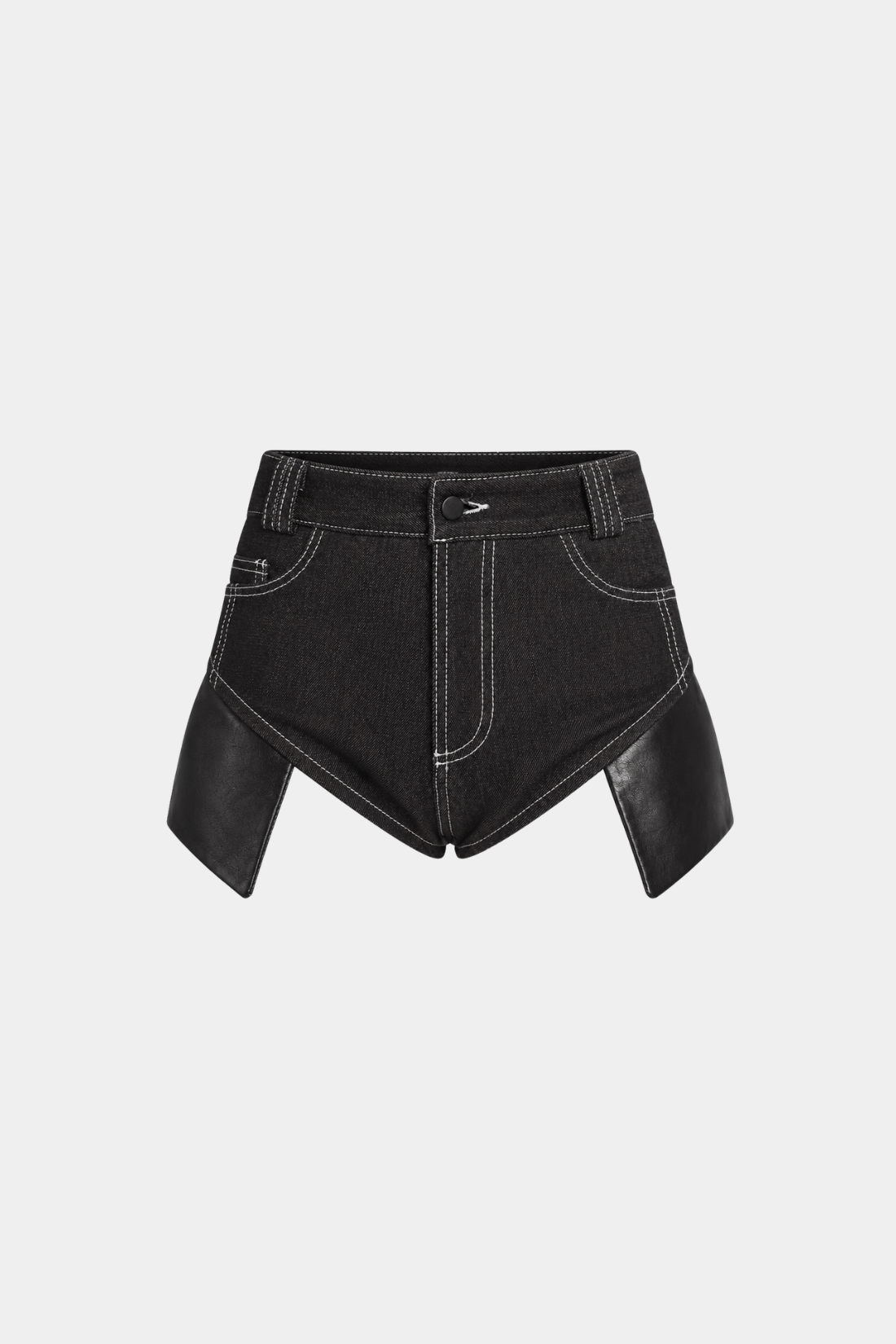 Black Denim Leather Panel Shorts