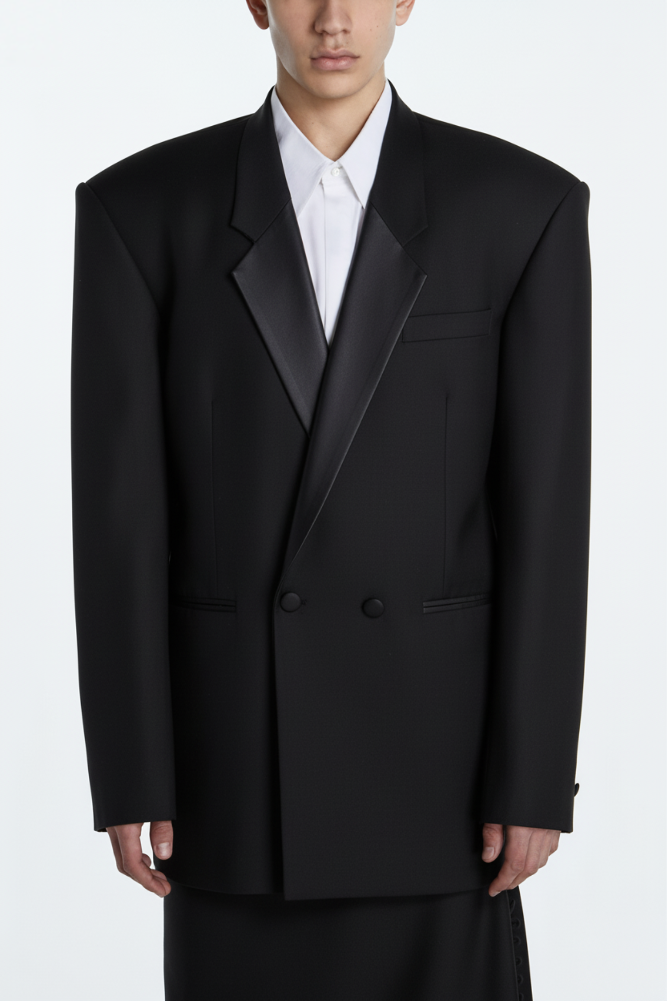 SHAO black oversized boxy blazer with leather lapels front view