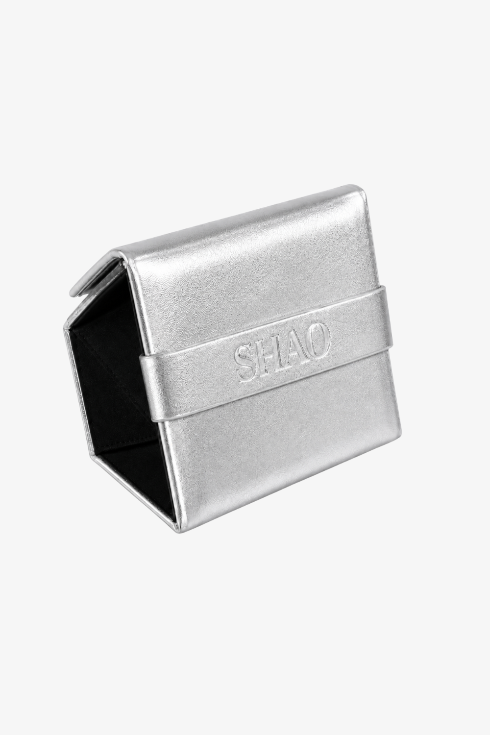 SHAO silver metallic eyewear clutch bag with logo band front view.
