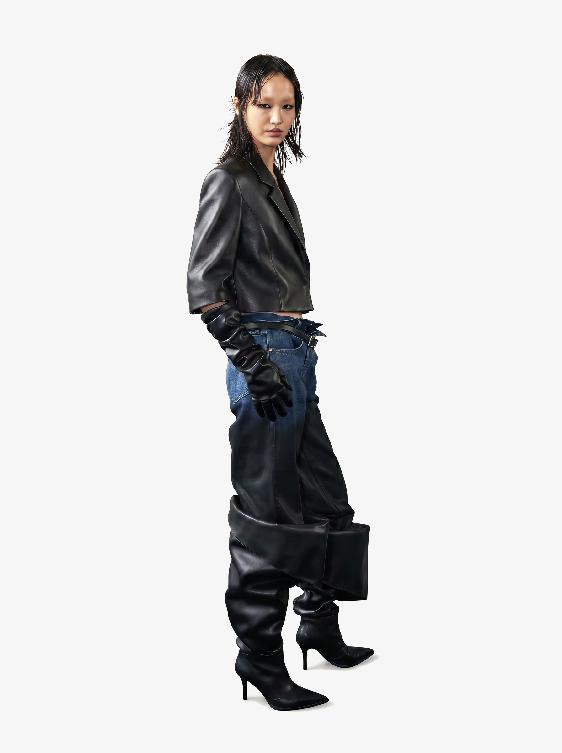 Cropped Leather Double-Button Blazer with Piercing Detail