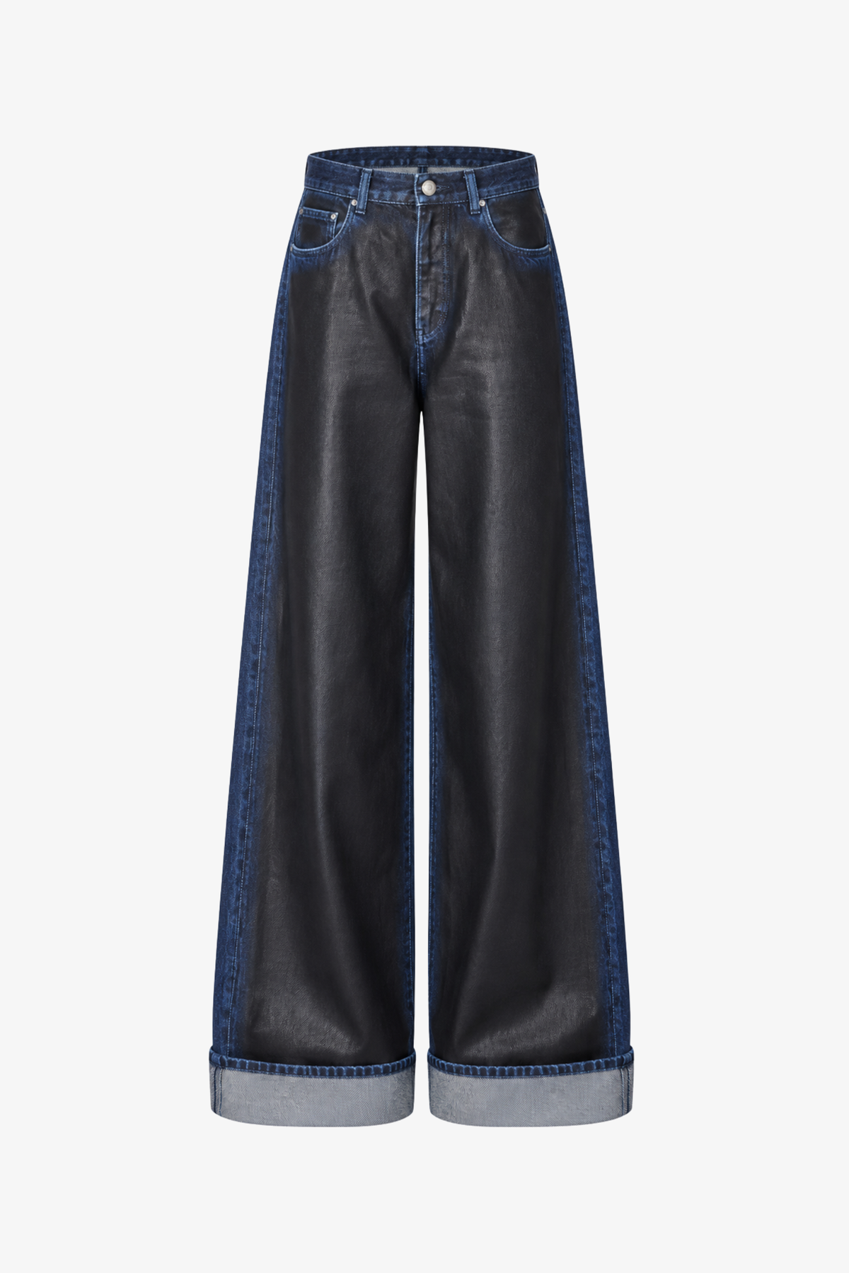 Blue Wide-Leg Jeans with Hand-Applied Black Coating