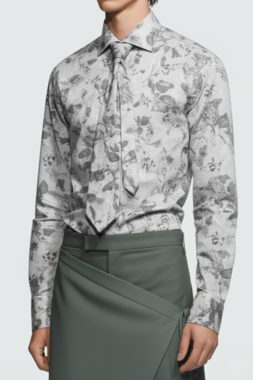 White Baroque Floral Print Shirt featuring a delicate monochrome floral pattern in a tailored fit, styled with a matching floral tie, reflecting SHAO New York luxury designer fashion and bespoke New York tailoring.