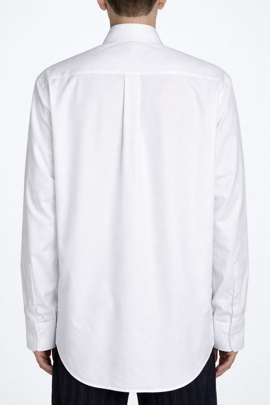 White Twill Power Shirt – Structured Shoulder Construction shown from the back, highlighting clean lines and tailored fit in crisp white fabric, exemplifying SHAO New York bespoke tailoring.