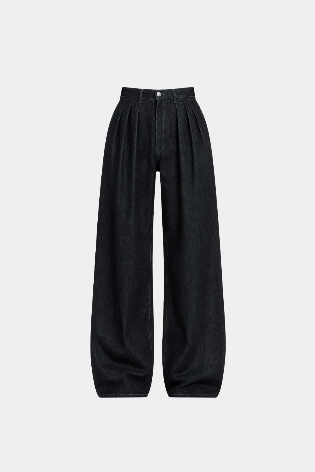 Year of the Horse Barrel Leg Jeans in deep black denim featuring a high waist with elegant pleats, wide barrel legs, and a clean button and zip closure, embodying Shao New York bespoke tailoring.